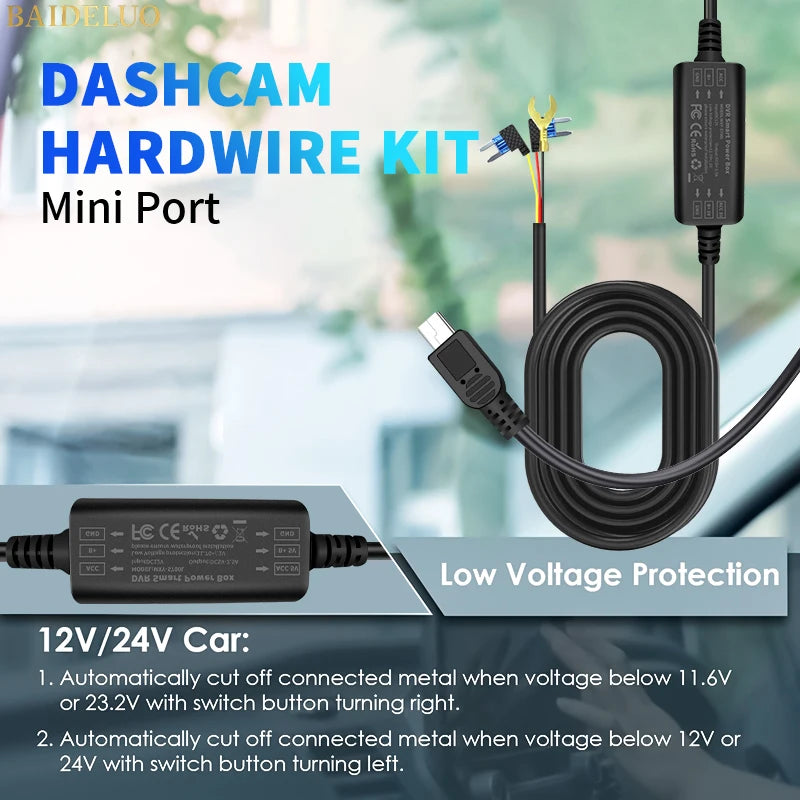 24H Dash Cam Hardwire Kit - USB Type-C & Mini USB Parking Monitor Cable
