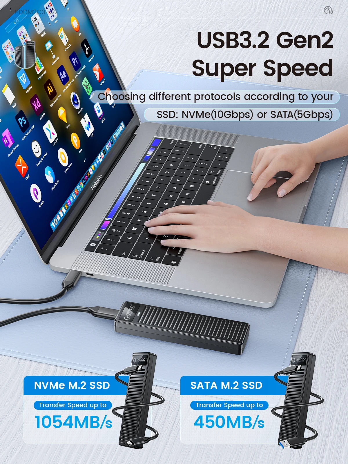 M.2 NVMe SATA SSD Enclosure 10Gbps USB 3.2 Tool-Free External Drive Case - 12