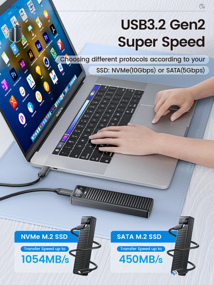 M.2 NVMe SATA SSD Enclosure 10Gbps USB 3.2 Tool-Free External Drive Case