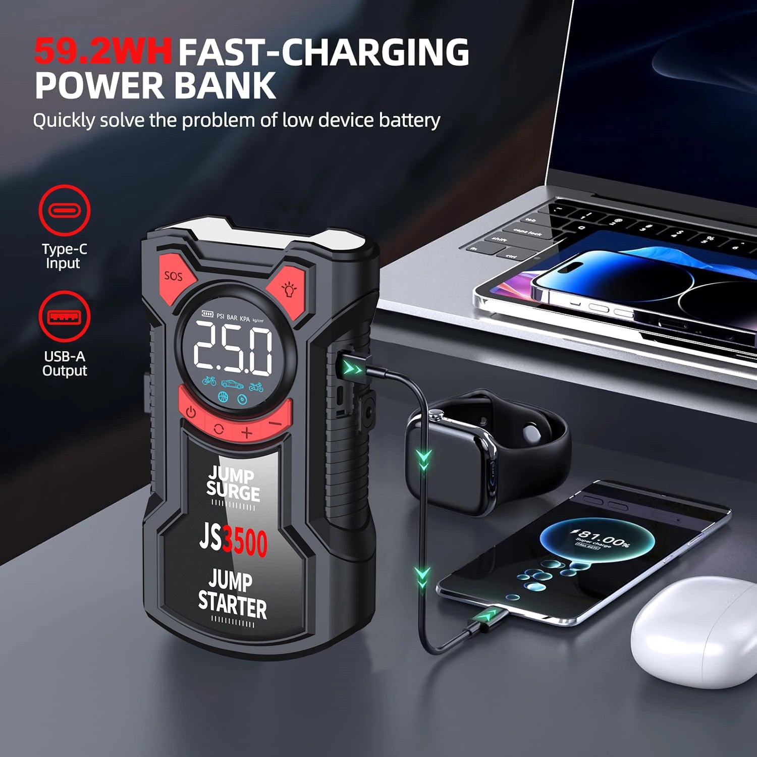 4-in-1 Portable Car Jump Starter with Tire Inflator & Power Bank - 6