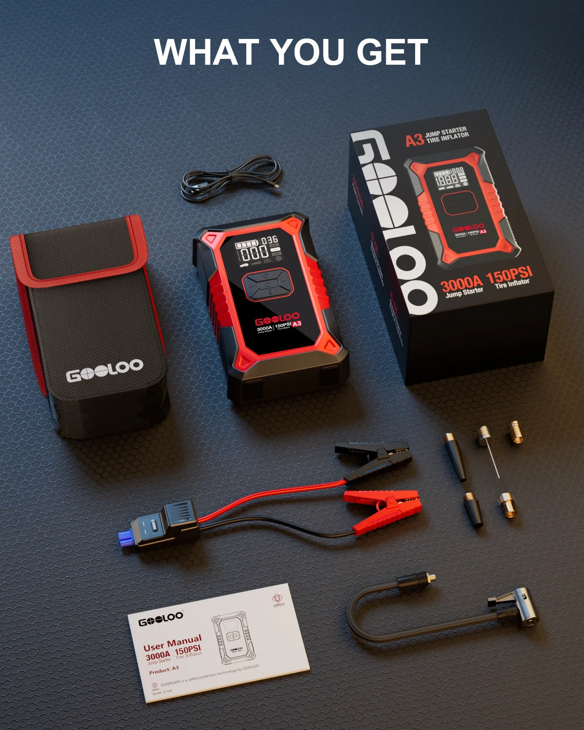 3000A Car Jump Starter with Portable Air Compressor & Emergency Power Bank - 6