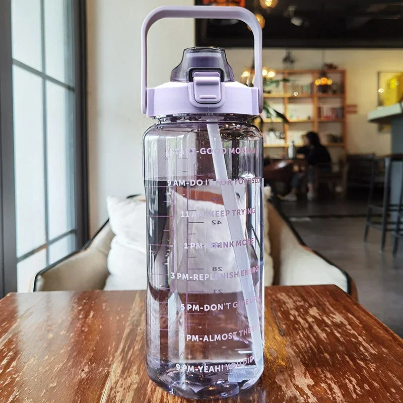 2L Large Motivational Water Bottle with Straw & Time Markers for Fitness - 24