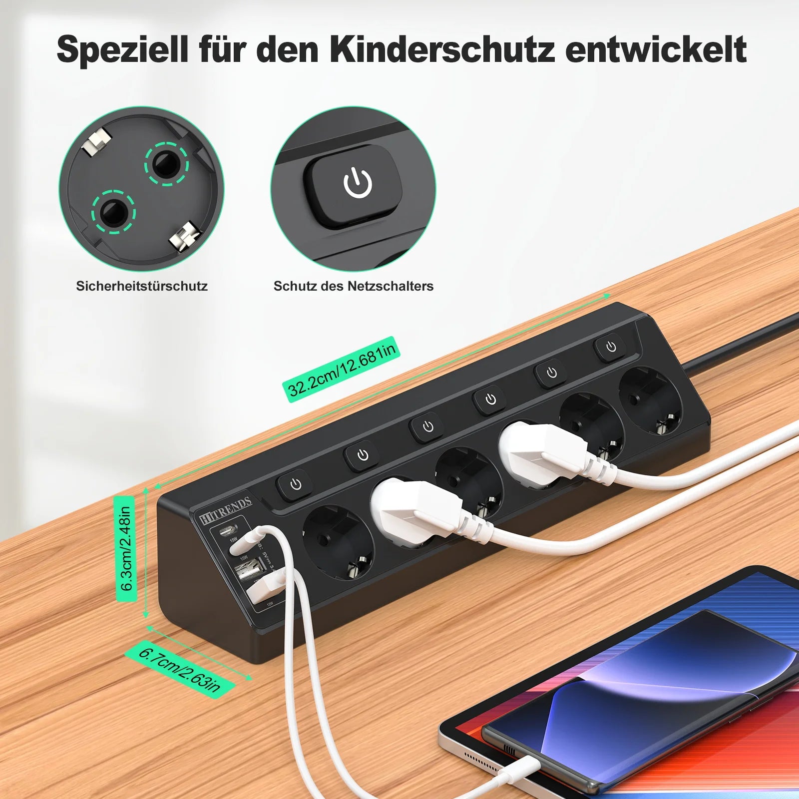 6-Outlet European Power Strip with 4 USB Fast Charging Ports & 2m Cord - 2