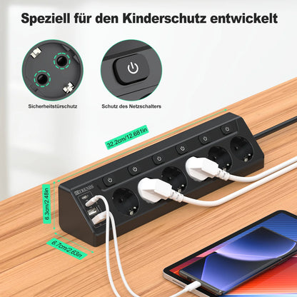 6-Outlet European Power Strip with 4 USB Fast Charging Ports & 2m Cord