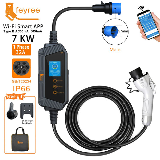 7KW Portable EV Charger with WiFi App & Adjustable Current (GBT)
