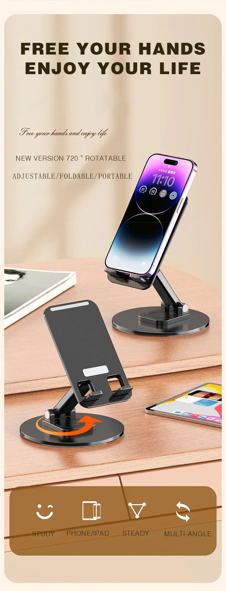 Foldable 360° Rotating Desktop Phone Stand - Universal Adjustable Holder - 9