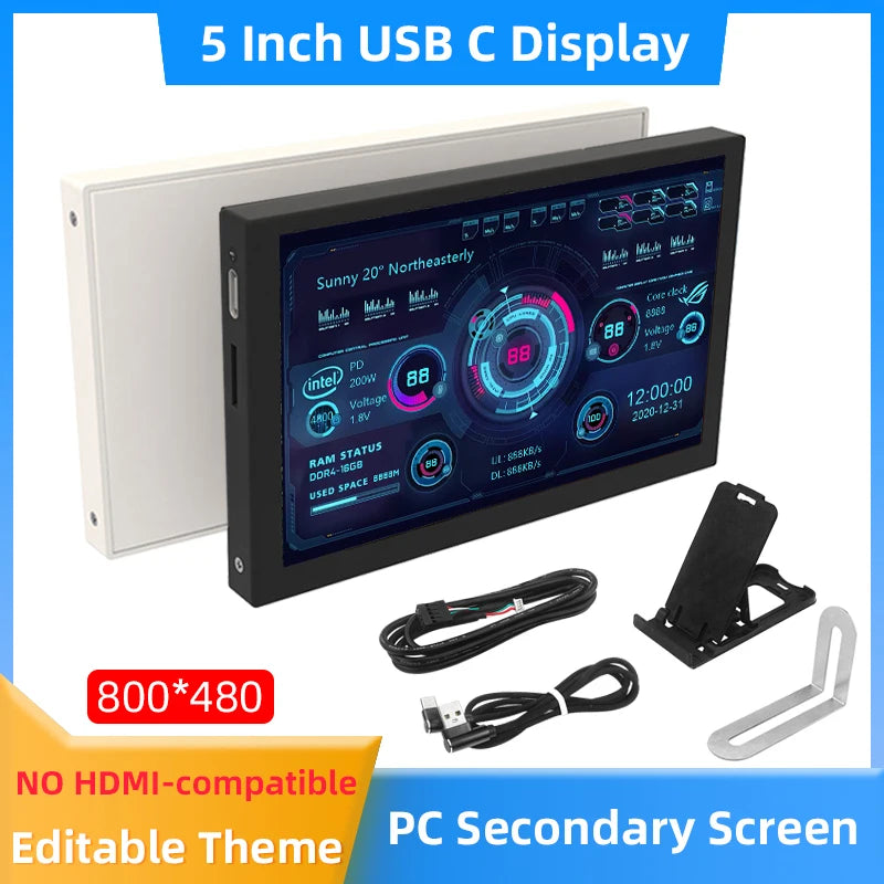 5" IPS PC Hardware Monitor - USB Type-C CPU & GPU Real-Time Stats Display