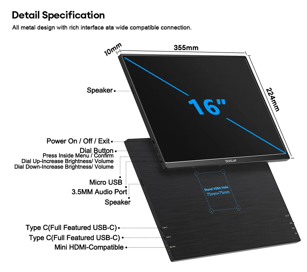 16" Portable Monitor 1200P FHD IPS Travel Display for Laptop & Gaming