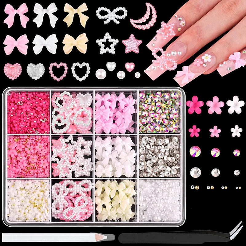 3D Mixed Nail Art Decoration Set - Acrylic Bows, Flowers & Pearl Charms