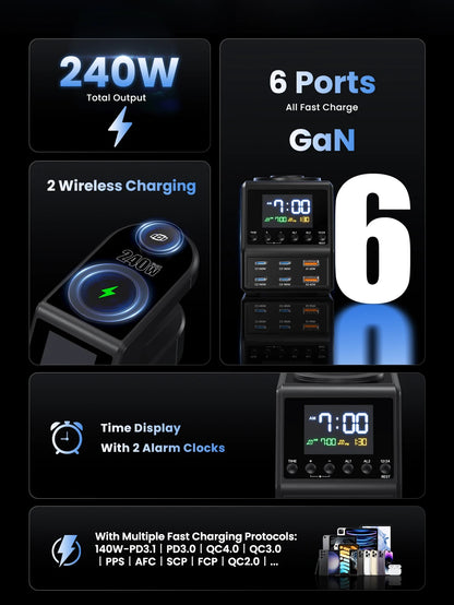240W GaN Charging Station - 10-in-1 Fast USB-C Hub with Wireless & Alarm