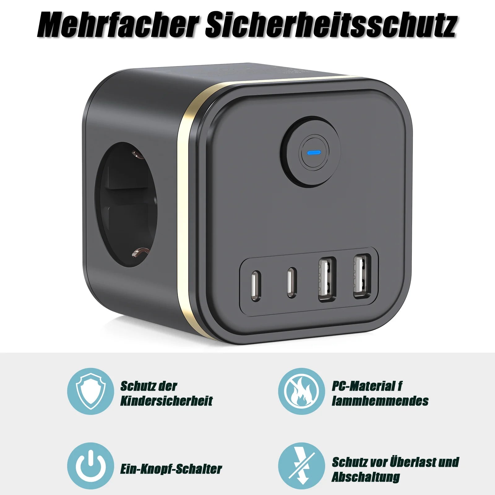 7-in-1 European Power Strip Cube with 4 USB/Type-C Fast Charging Ports - 4