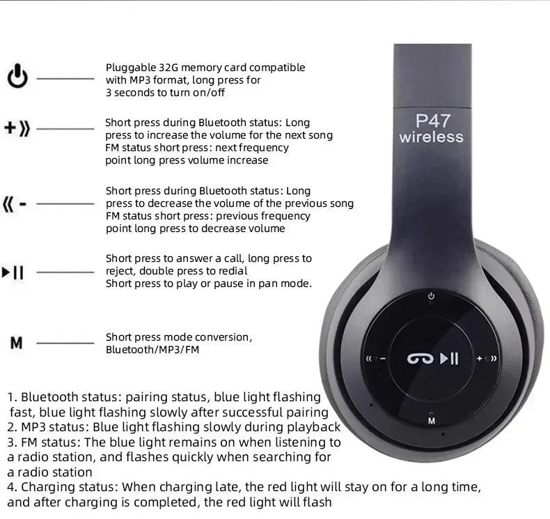 P47 Wireless Bluetooth 5.0 Foldable Stereo Gaming Headset - 18