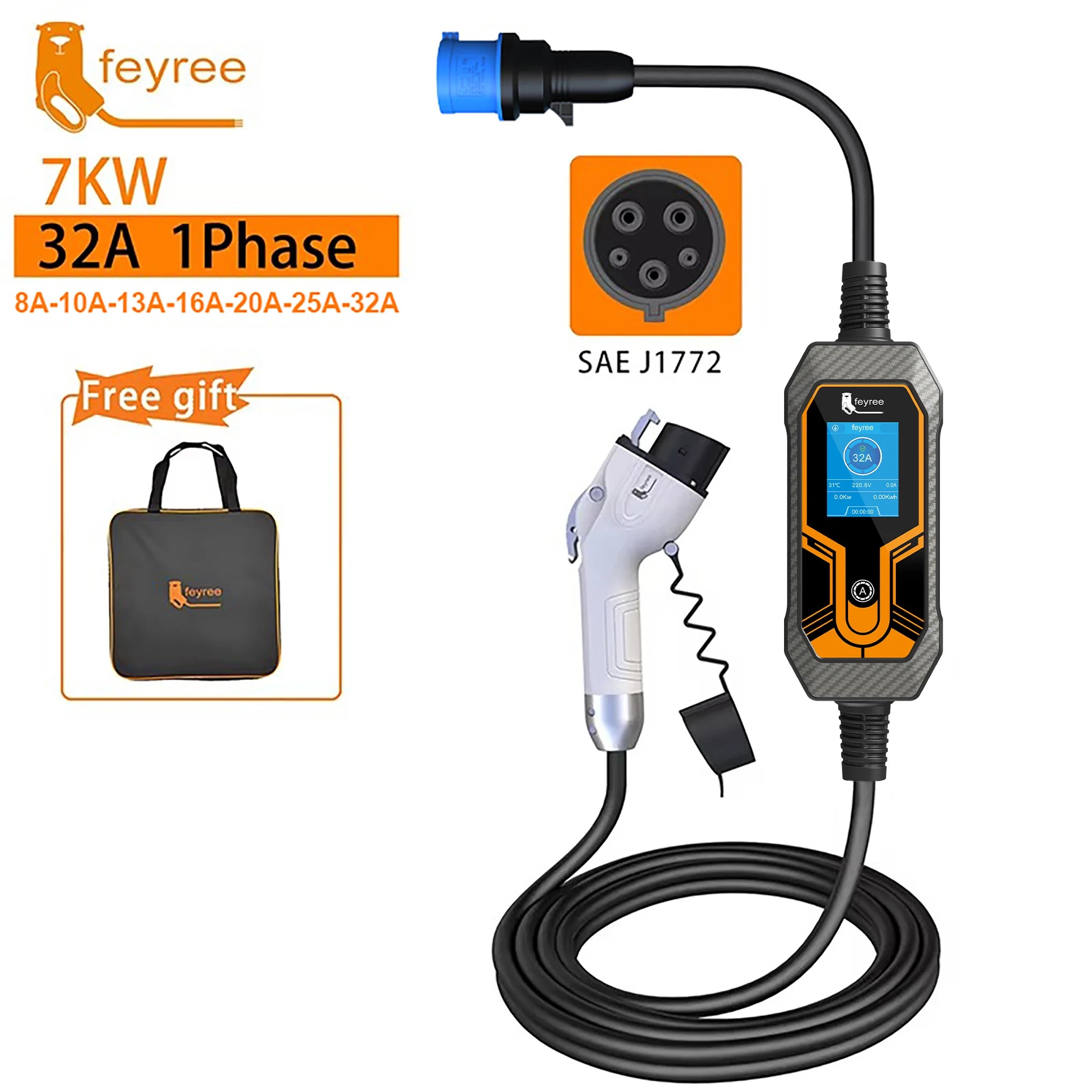 7KW Portable EV Charger Type 1 J1772 - Adjustable 32A Electric Car Charger - 1