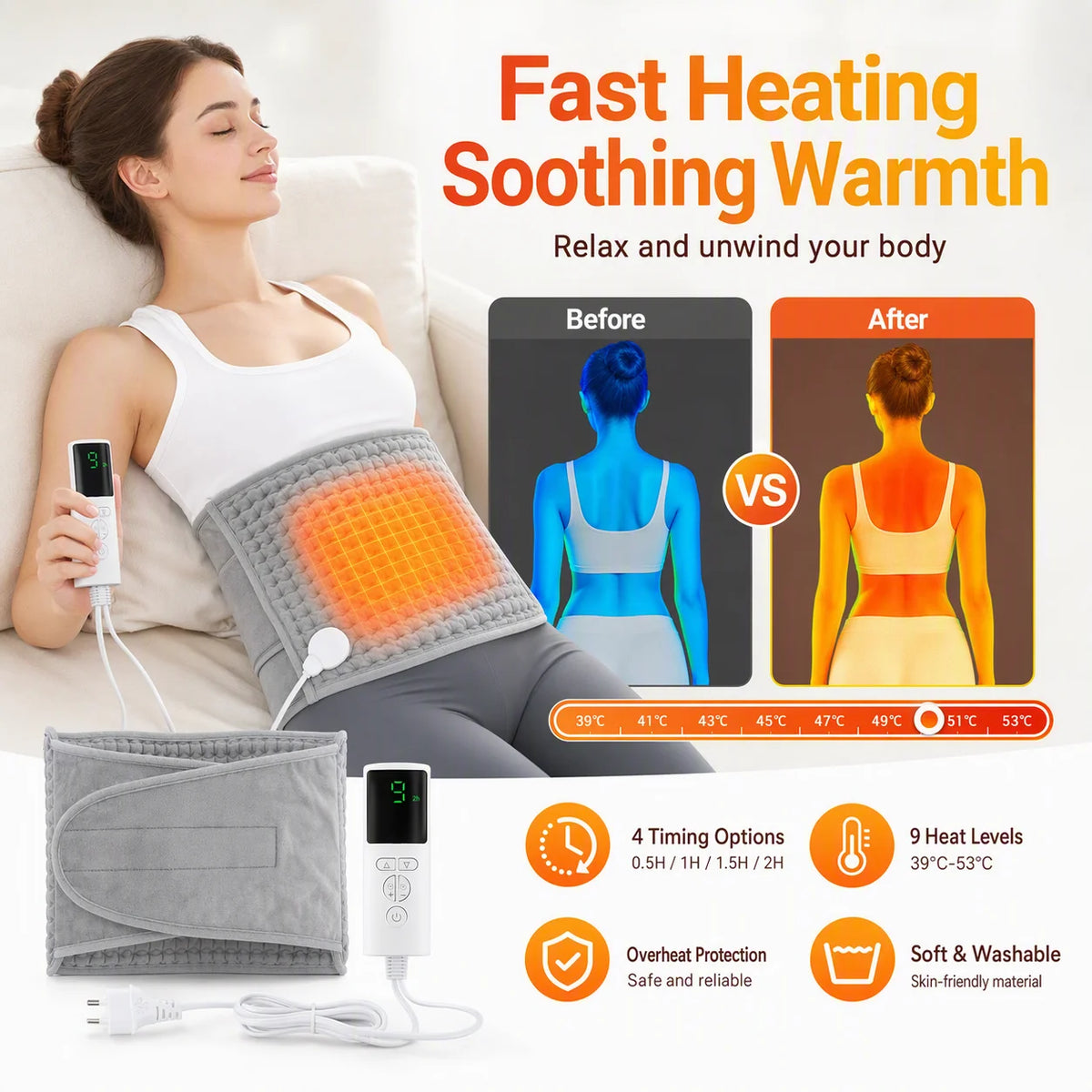 Electric Heated Waist Heating Pad for Back Pain Relief with 9 Heat Settings