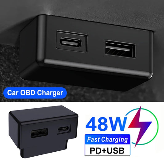 48W Dual USB OBD Fast Charger Adapter for Tesla Model 3, Y, S, X | PD Type-C & USB-A