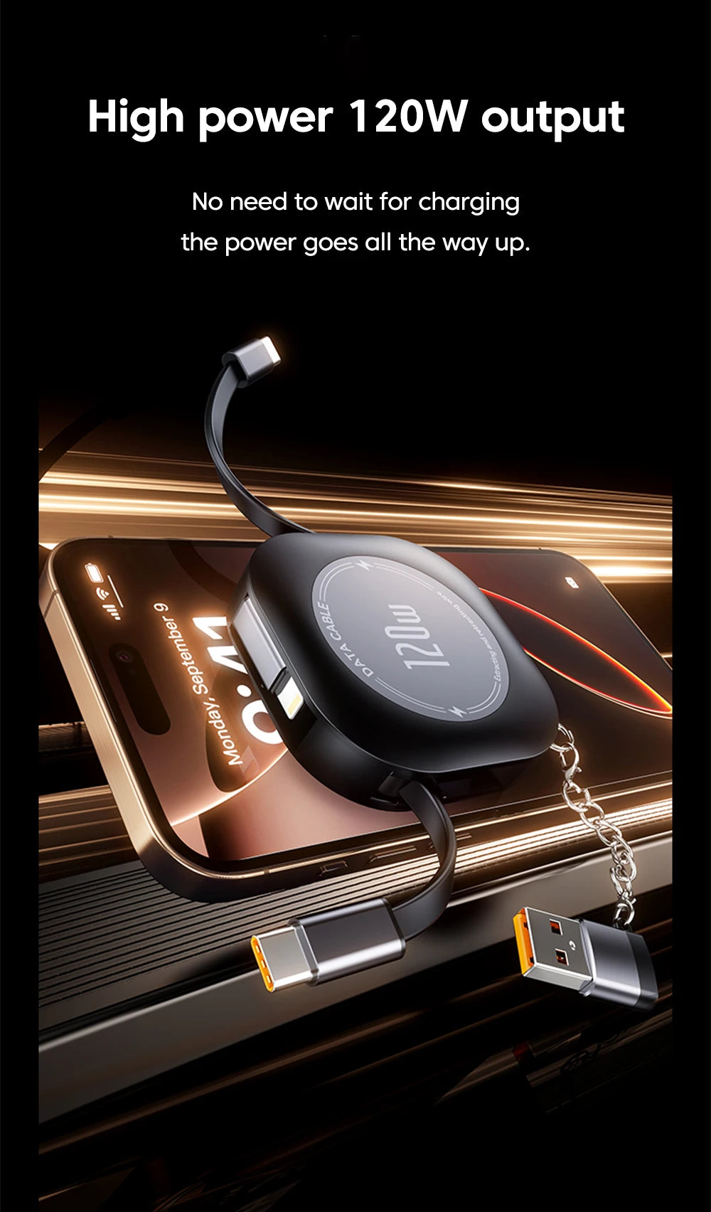 120W Retractable USB-C to USB-C Fast Charging Cable with Adapter - 9
