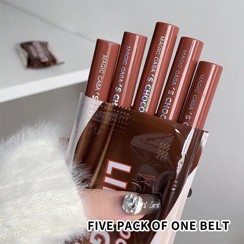 5-Piece Chocolate Matte Lip Glaze Set - Long-Lasting Waterproof Lip Tint - 15