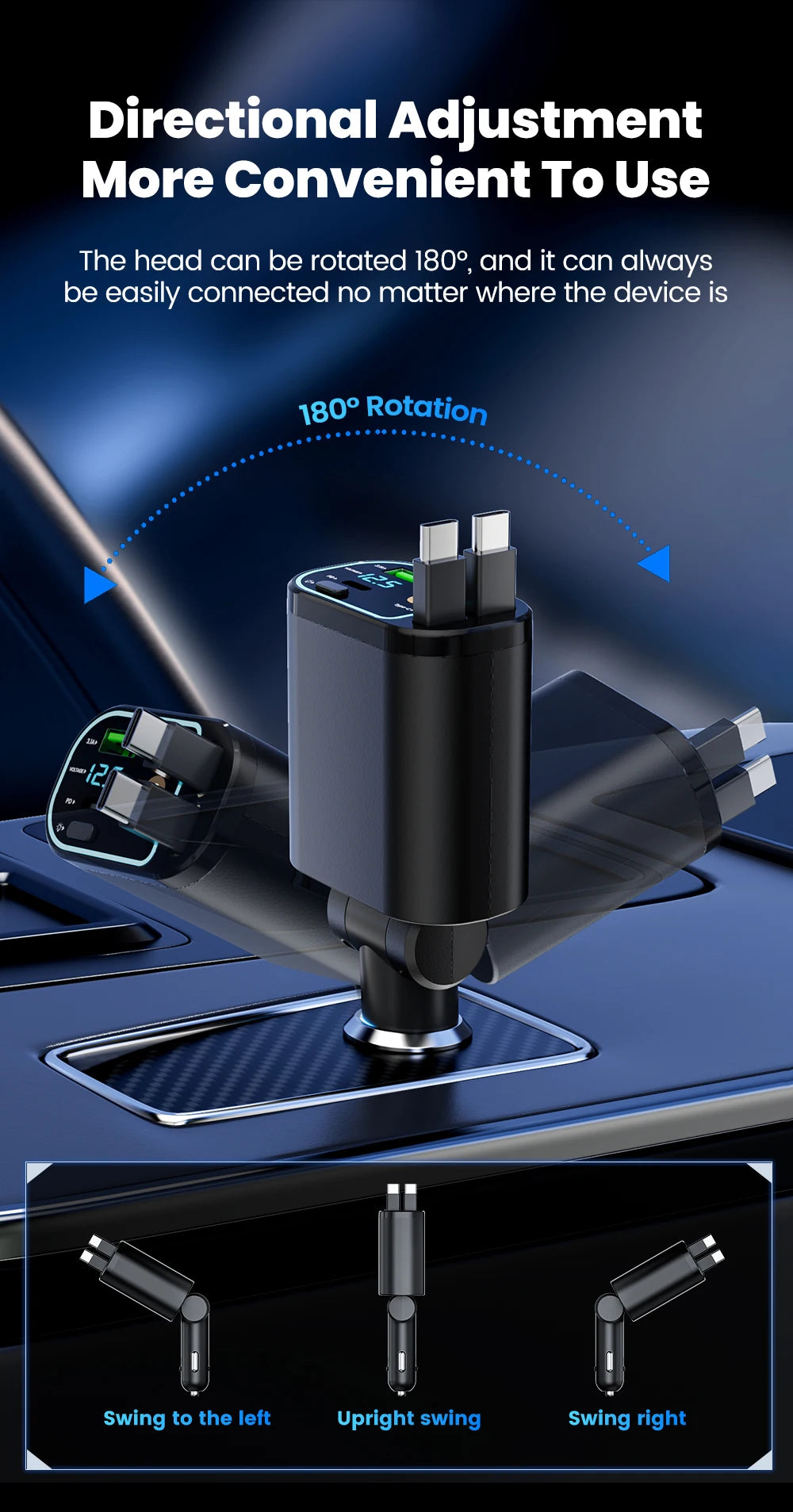 4-in-1 Retractable 100W Fast Car Charger with LED Starlight & Display