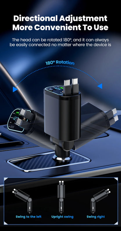 4-in-1 Retractable 100W Fast Car Charger with LED Starlight & Display