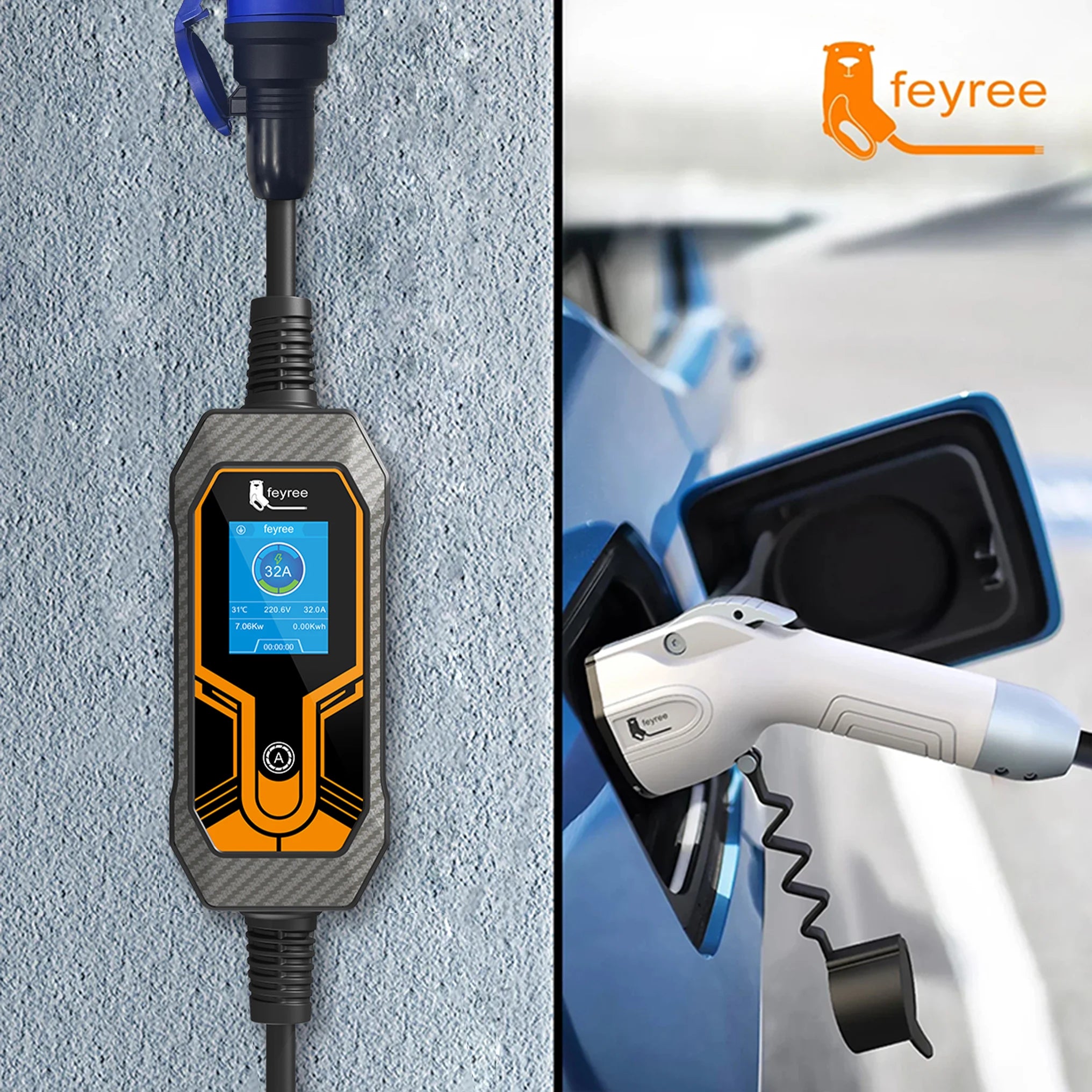 7KW Portable EV Charger Type 2 - Adjustable 32A Electric Vehicle Charging Box - 30