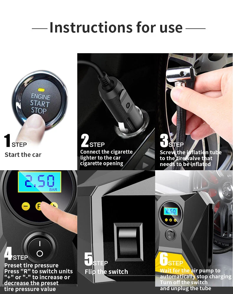Portable 12V Car Tire Inflator - 150PSI Digital Air Compressor - 15