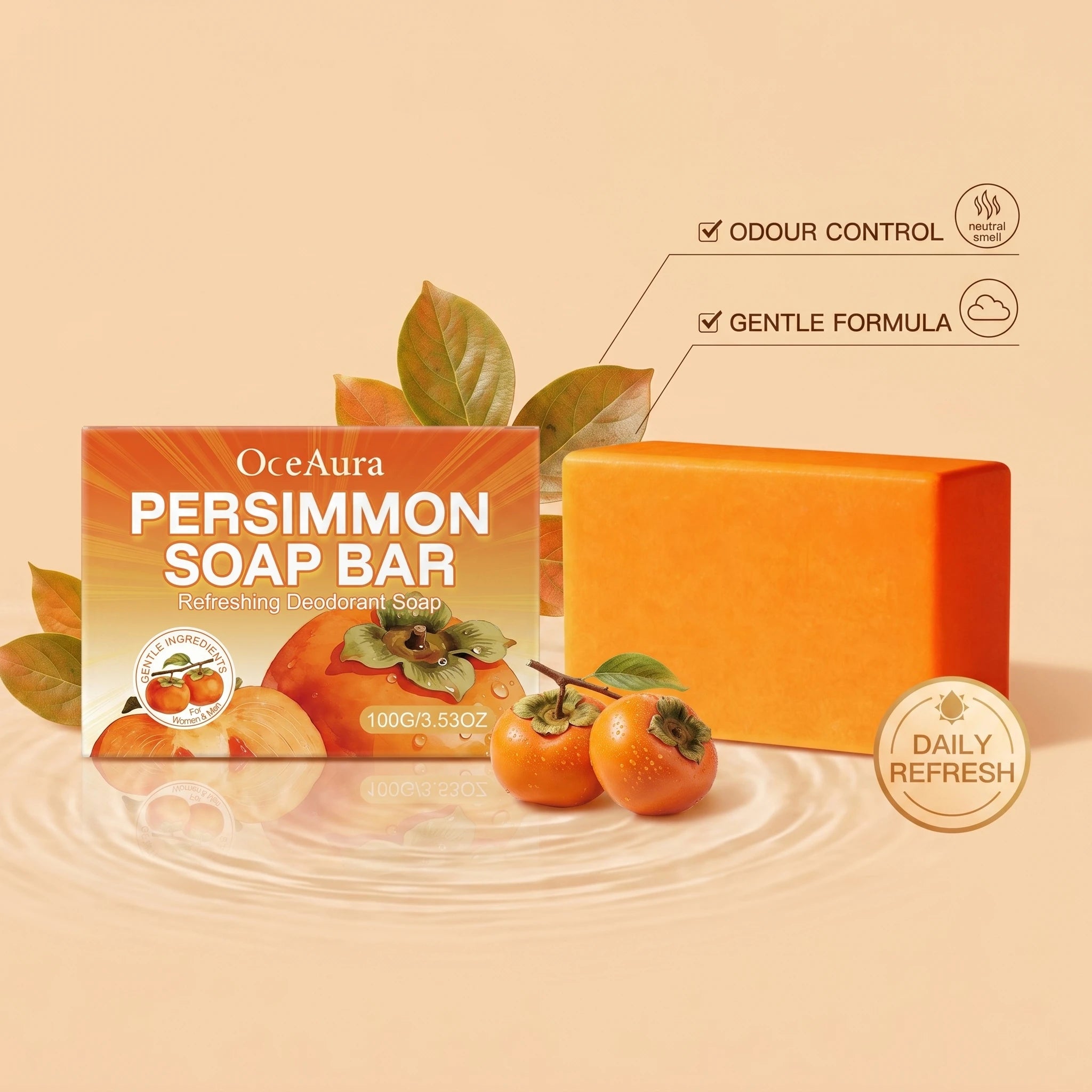 Natural Persimmon Extract Deodorizing Body Soap Bar for Odor Control & Fresh Skin - 5