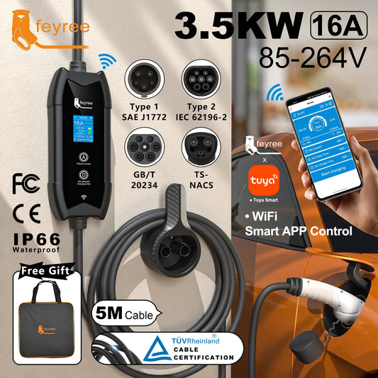 Portable Smart EV Charger 16A 3.5KW with WiFi App Control & 5M Cable