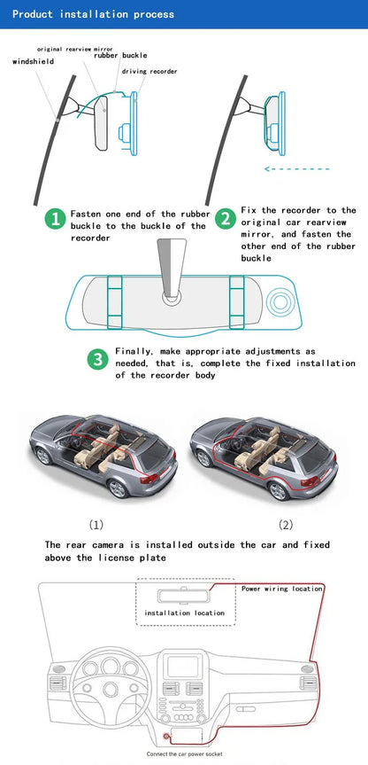 Dual Lens Rearview Mirror Dash Cam - HD 1080P Night Vision Car Recorder