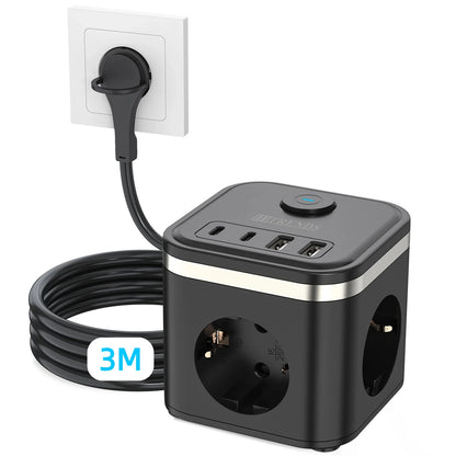 7-in-1 Power Strip with USB-C, Ultra-Thin Flat Plug & 2m Extension Cord