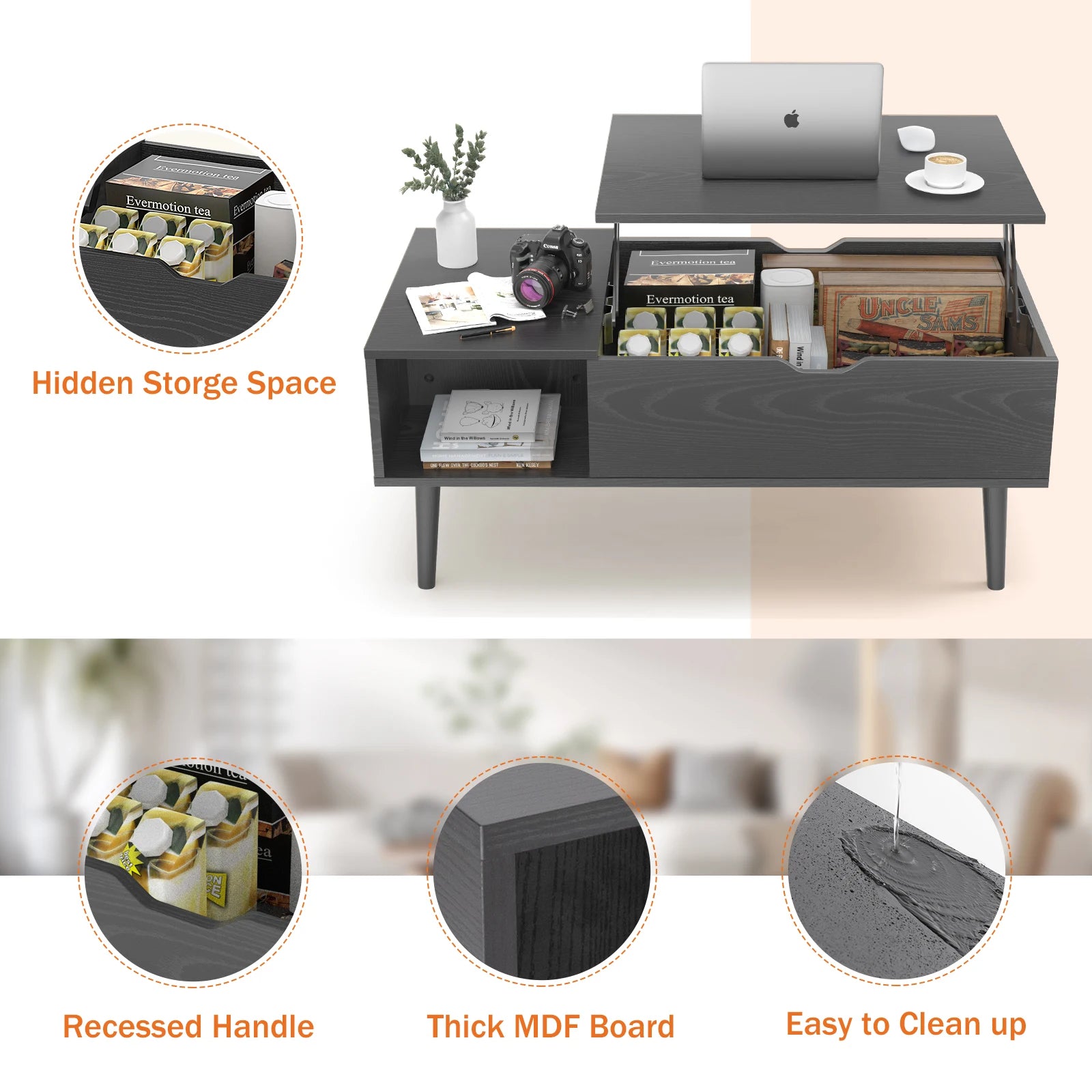 Modern Lift-Top Coffee Table with Hidden Storage & Adjustable Desk - 2
