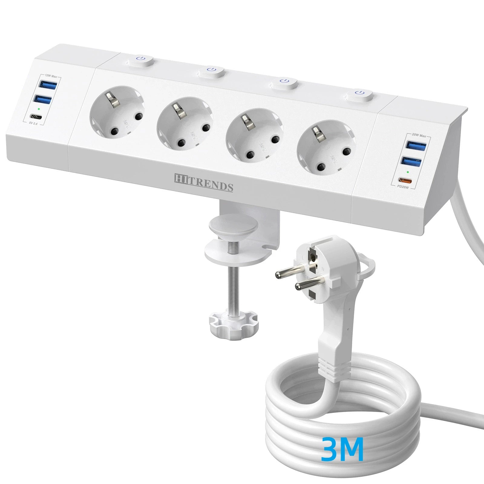 EU Desk Clamp Power Strip with 4 USB Ports, 2 USB-C & Surge Protection - 17