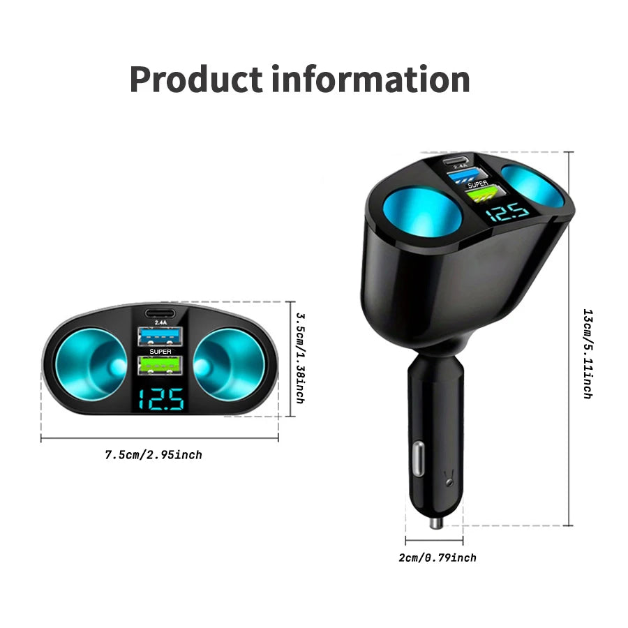 120W Dual USB Car Charger with Digital Voltage Display & Fast Charging