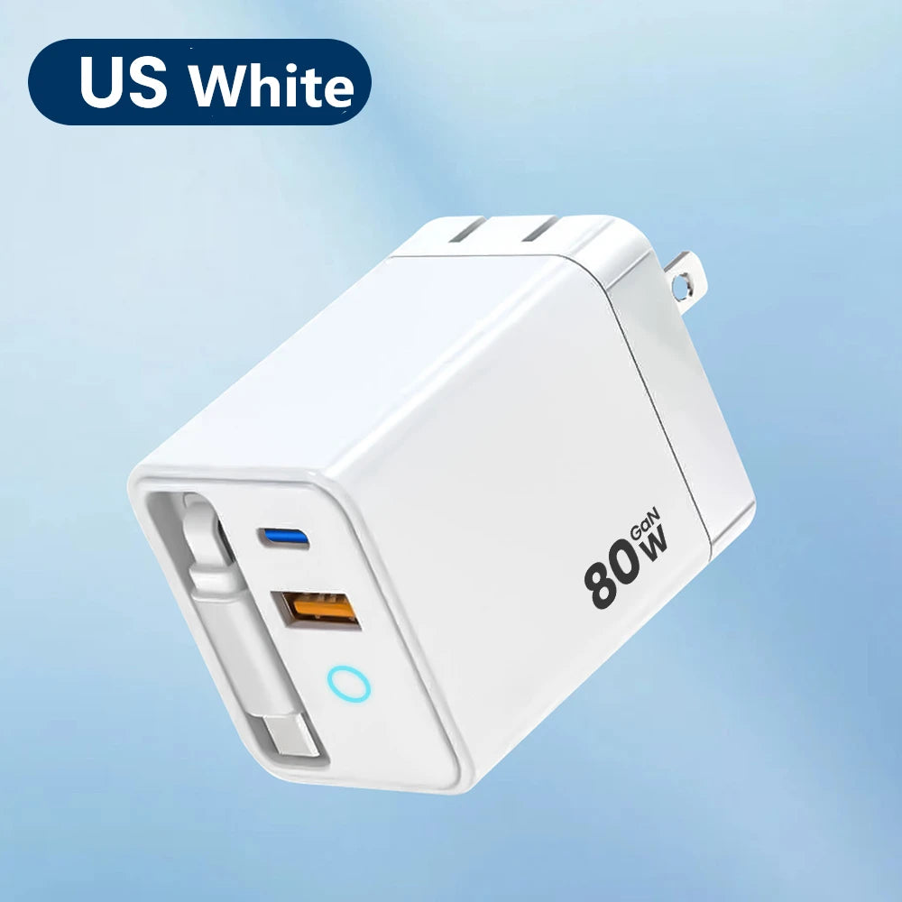 80W Fast USB-C Car Charger with Retractable Cable for iPhone & Laptop - 16