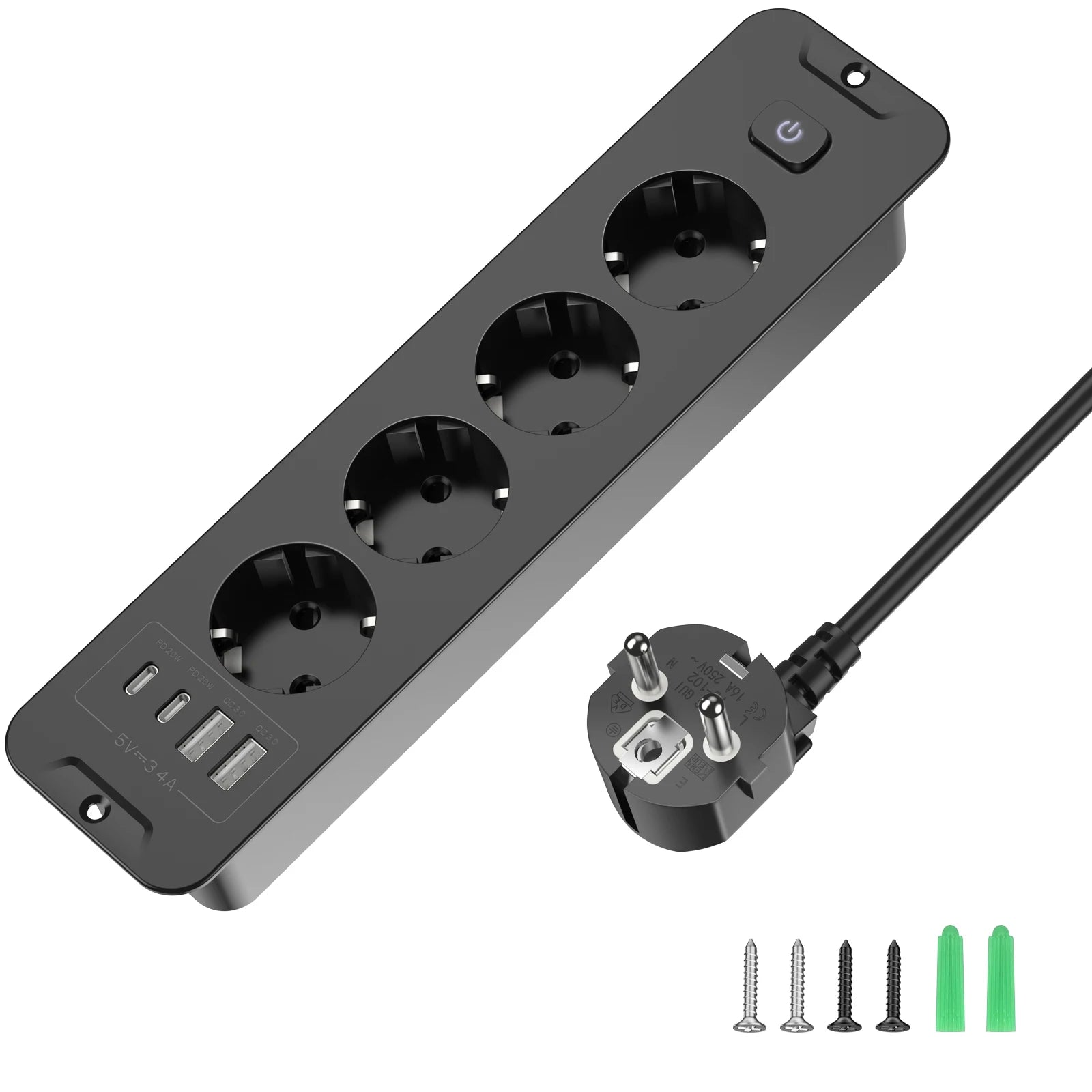 10-in-1 Recessed Power Strip with 20W USB-C PD & Fast Charging Wall Socket - 27
