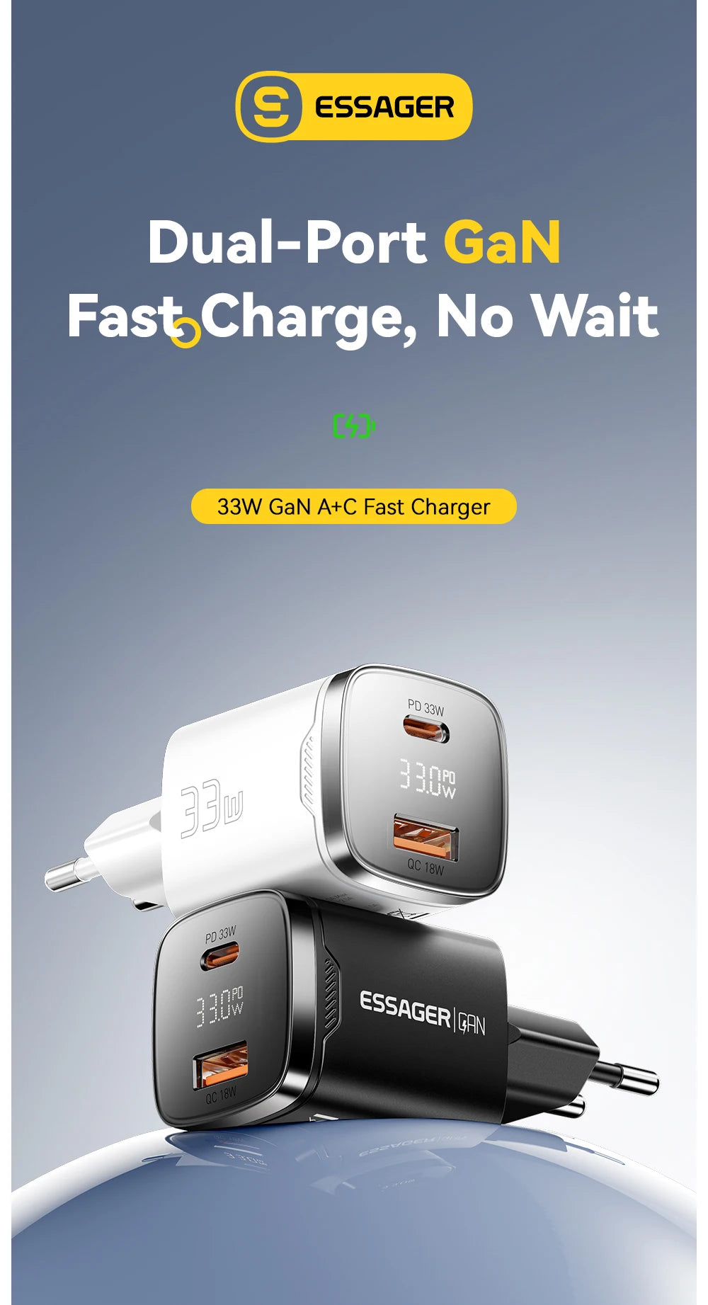 33W GaN Dual Port USB-C Fast Charger with Real-Time Digital Display - 7