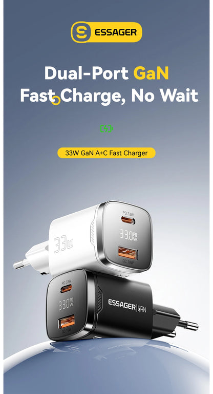 33W GaN Dual Port USB-C Fast Charger with Real-Time Digital Display