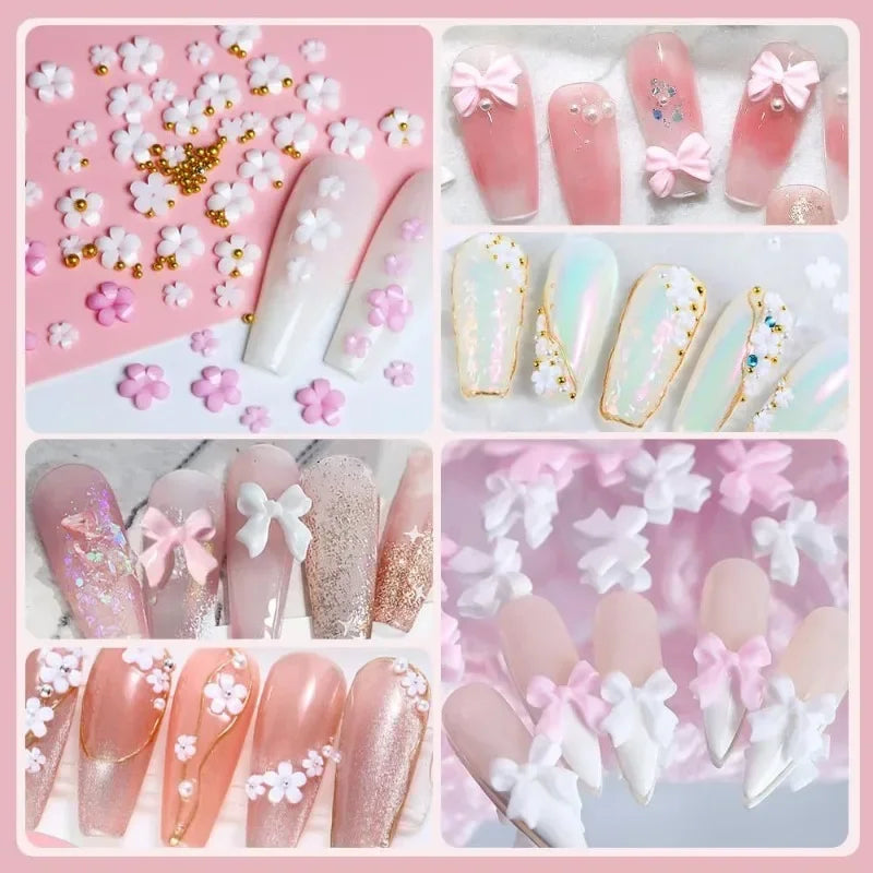 3D Mixed Nail Art Decoration Set - Acrylic Bows, Flowers & Pearl Charms