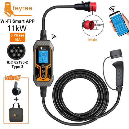 11KW Portable Type 2 EV Charger - Smart App Control & Adjustable Current