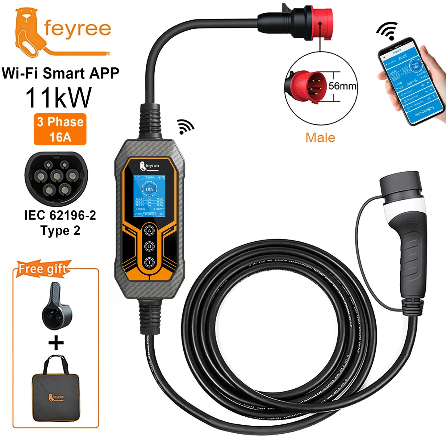 11kW Type 2 Portable EV Charger - 16A 3-Phase Smart App Control 5m Cable