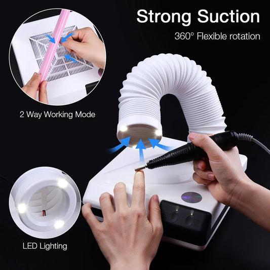 60W Nail Dust Collector Extractor Fan Vacuum with Retractable LED Tube for Manicure Salon
