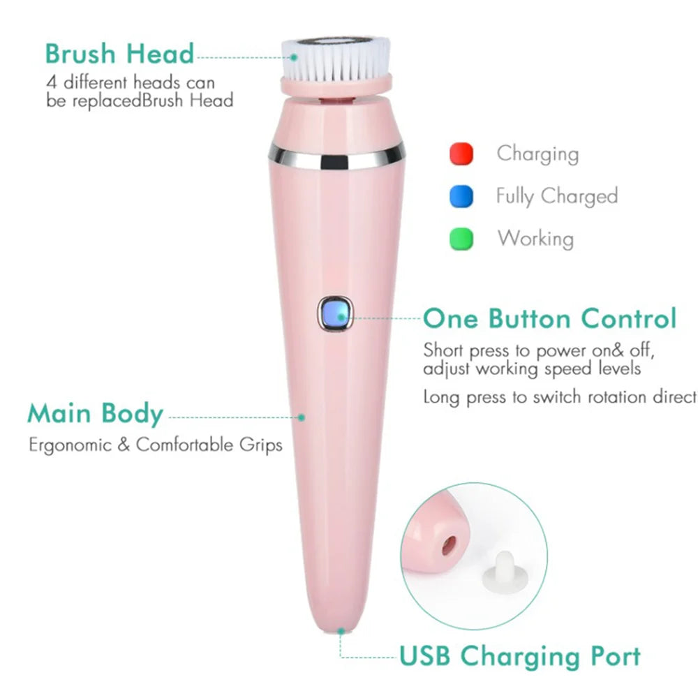 4-in-1 Electric Facial Cleansing Brush - Waterproof Rechargeable Skin Spa Kit