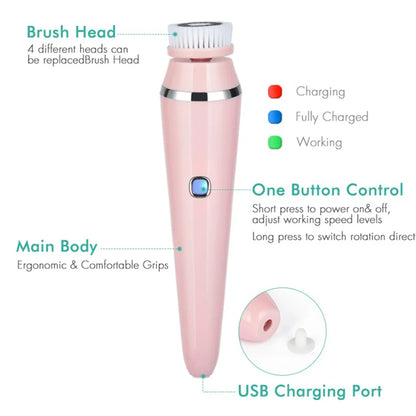 4-in-1 Electric Facial Cleansing Brush - Waterproof Rechargeable Skin Spa Kit