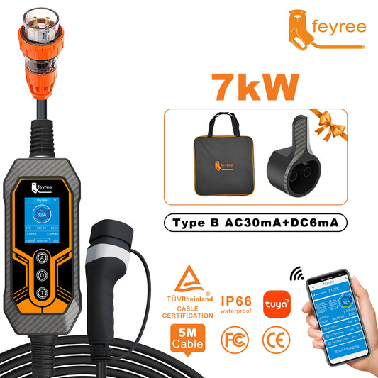 7KW Portable EV Charger Type 2, 32A Adjustable Smart WiFi Fast Car Charger