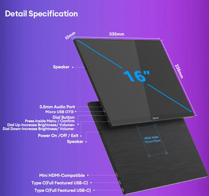 16" 2.5K 144Hz Portable Touchscreen Monitor - QHD IPS Travel Display