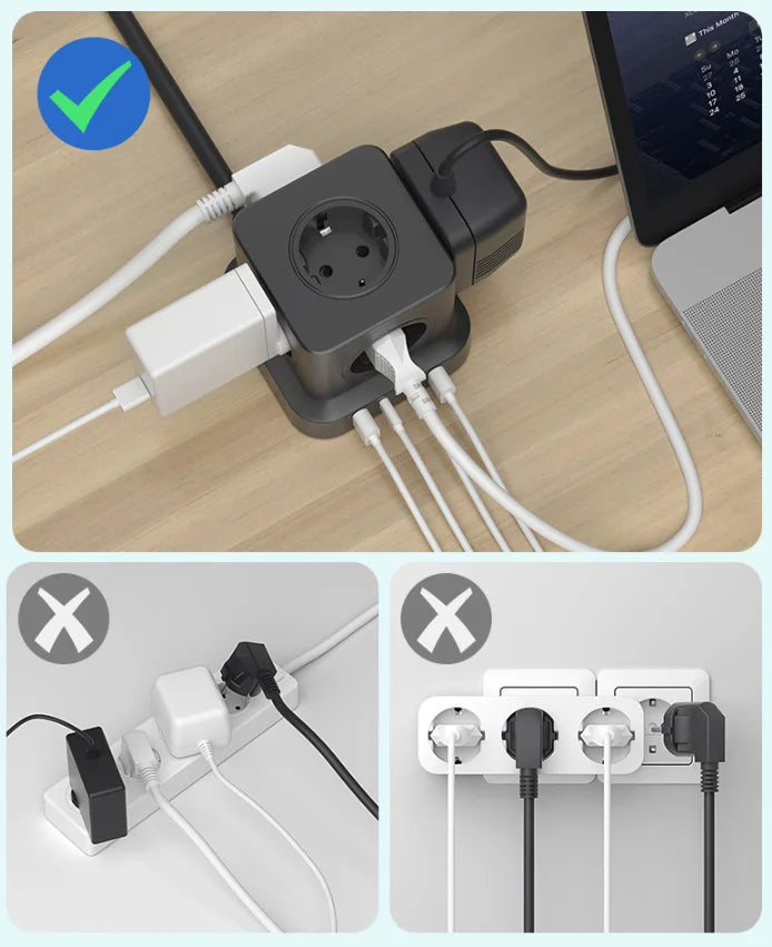 9-in-1 European Tower Power Strip with 4 USB Ports & 1.8m Extension Cord - 8