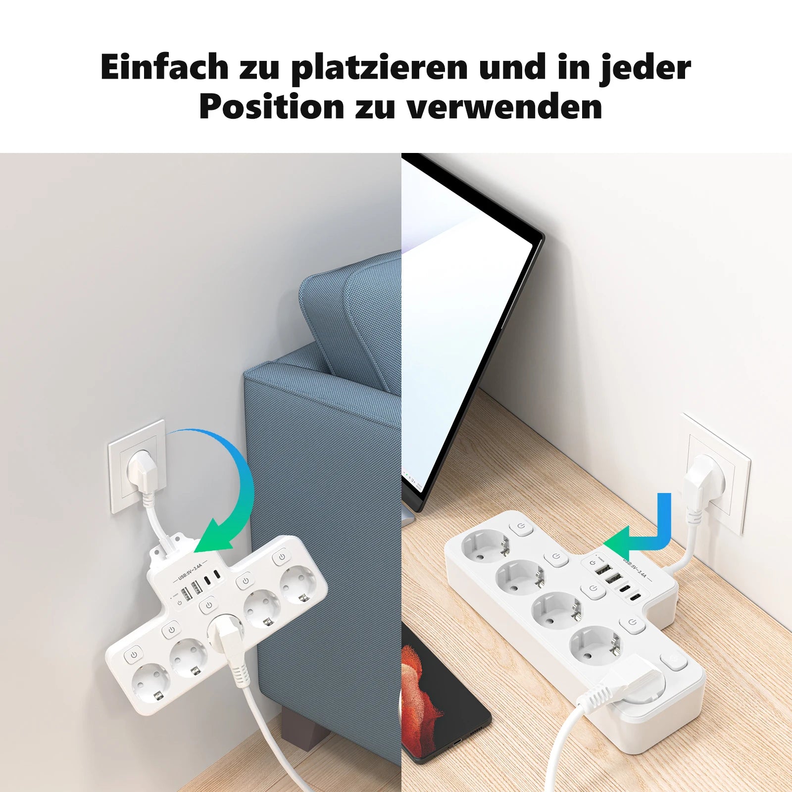 9-in-1 EU Power Strip: 5 AC Outlets & 4 USB Fast Charging Ports - 5