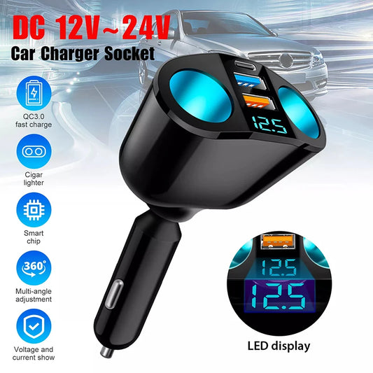 Dual-Port Fast Car Charger Adapter with Real-Time Digital Display
