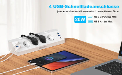 EU Desk Clamp Power Strip with 4 USB Ports, 2 USB-C & Surge Protection