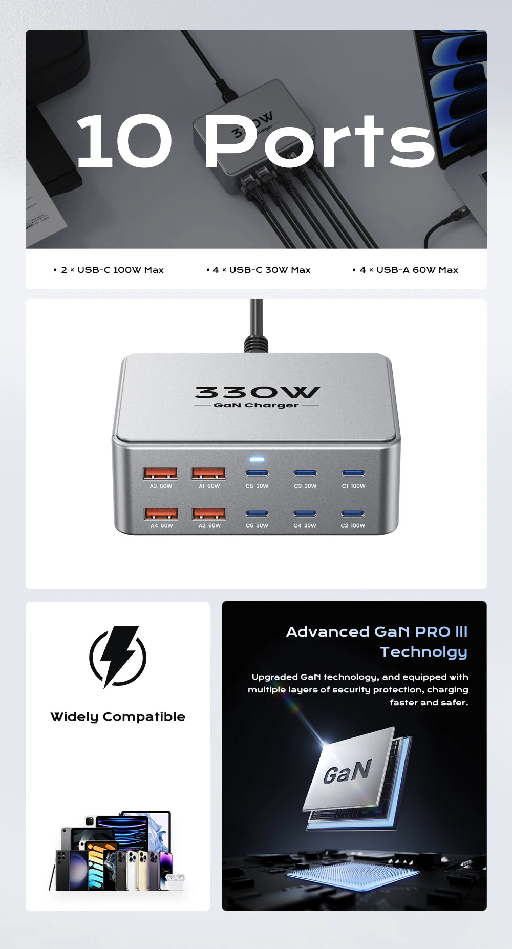 330W 10-Port GaN Fast Charging Station for Laptops, Smartphones & Tablets - 8