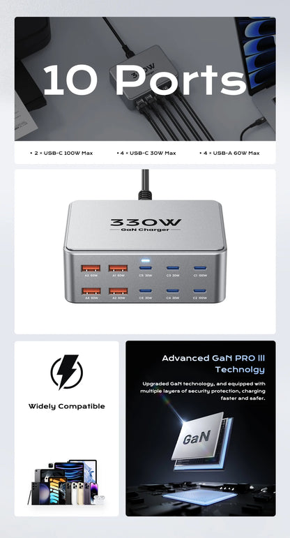 330W 10-Port GaN Fast Charging Station for Laptops, Smartphones & Tablets